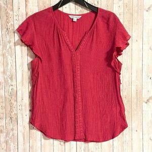 Counterparts V-Neck Ruffle Cap Sleeves Embellished Lace Hot Pink Top Size Large